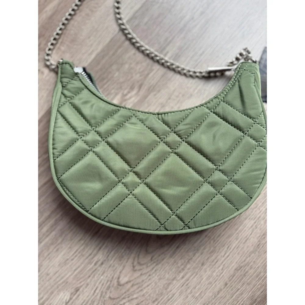 Forever 21 Olive Green Quilted Nylon Crescent Crossbody Bag Silver Chain Strap - Picture 2 of 9